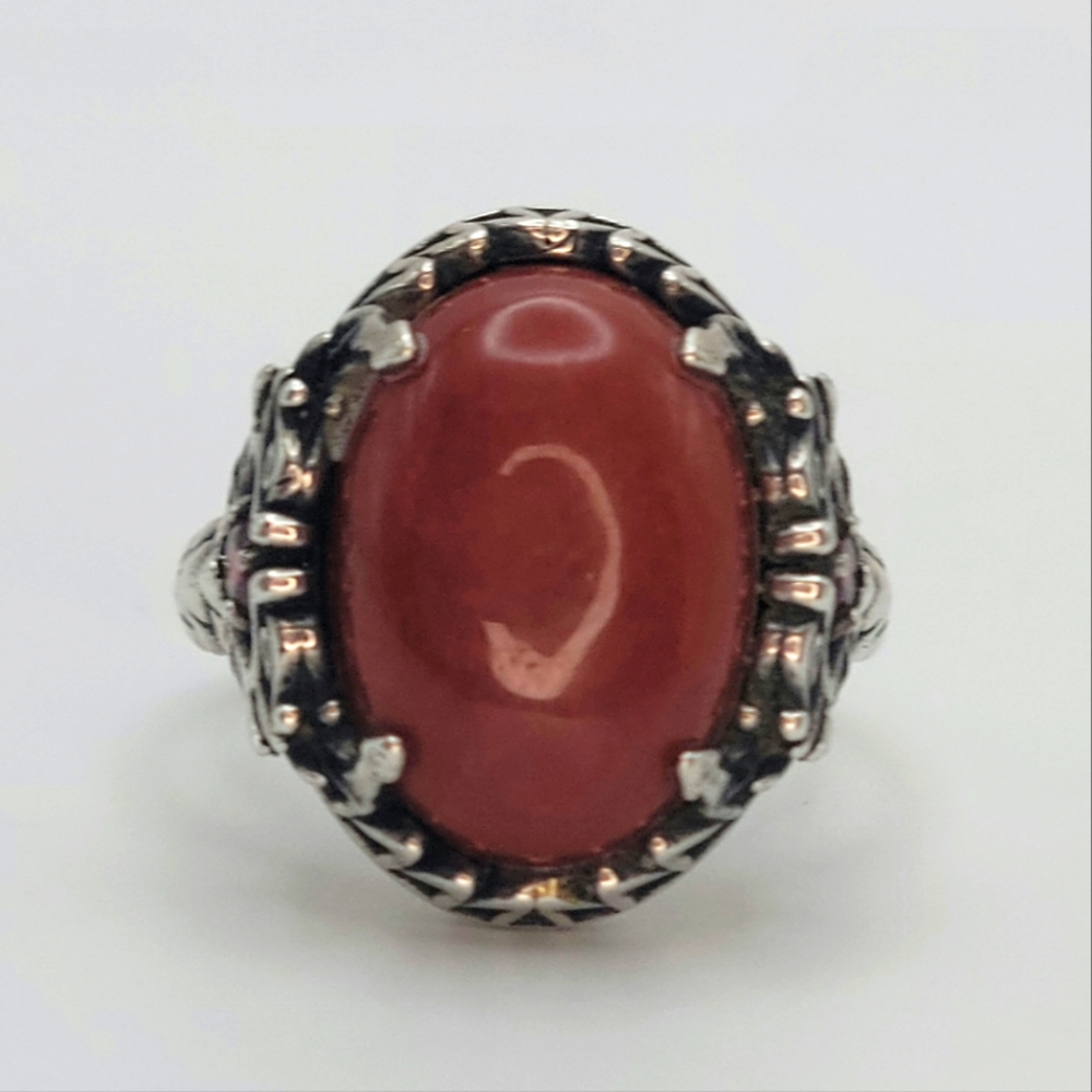 Ornate Sterling Silver Ring Dark Red Cabochon Natural Stone Size 9.75